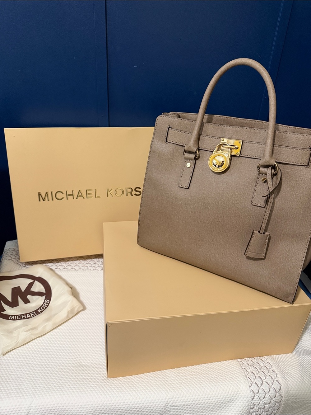 Michael Kors Taupe Pebbled Leather Satchel with Gold Hardware